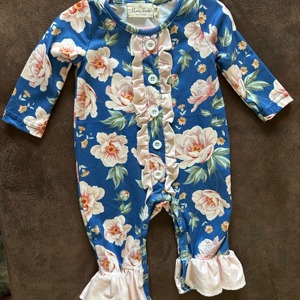 Floral Ruffle Kids Bodysuit in Blue and Pink
